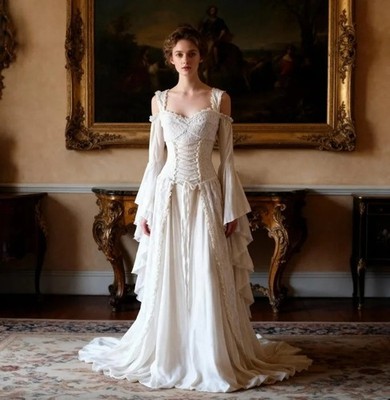 Vintage Medieval Wedding Dresses Spaghetti Strap Flare Sleeves A-Line Bride Gown