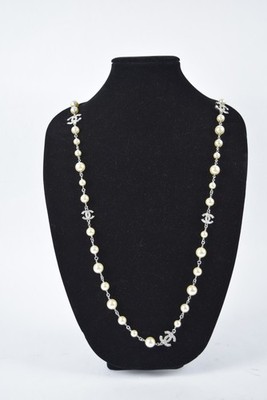 Authentic Chanel Crystal CC Long Pearl Necklace Mint Condition w