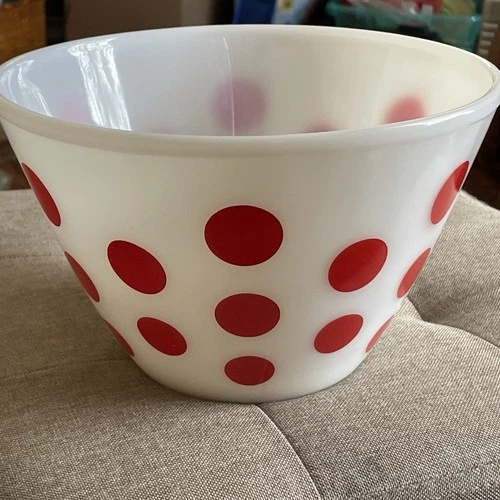 Large VTG Fire-King Milk Glass Red Polka Dot Mixing Bowl 9” Mid Century