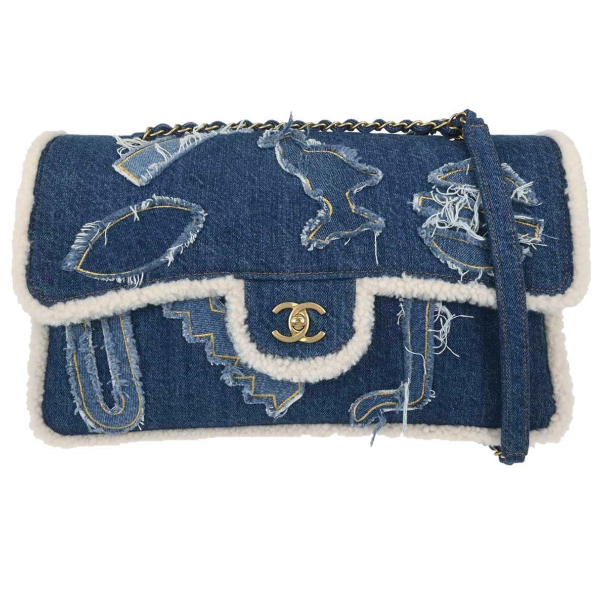 Chanel Egyptian Hieroglyph Flap Bag Denim And Shearling Blue