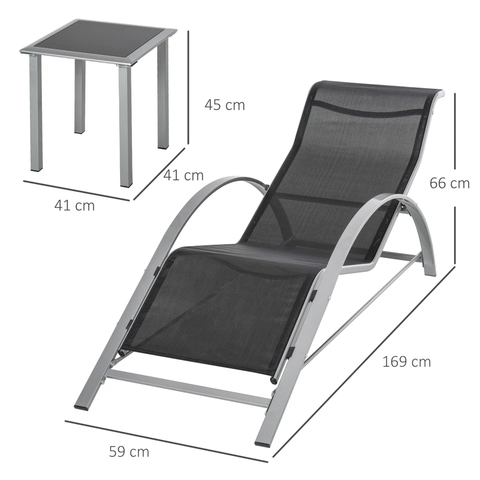Lounger Set 3-Piece Outdoor, Black Metal Mesh Loungers 59x169cm + Table 41x41cm - Image 3 of 4