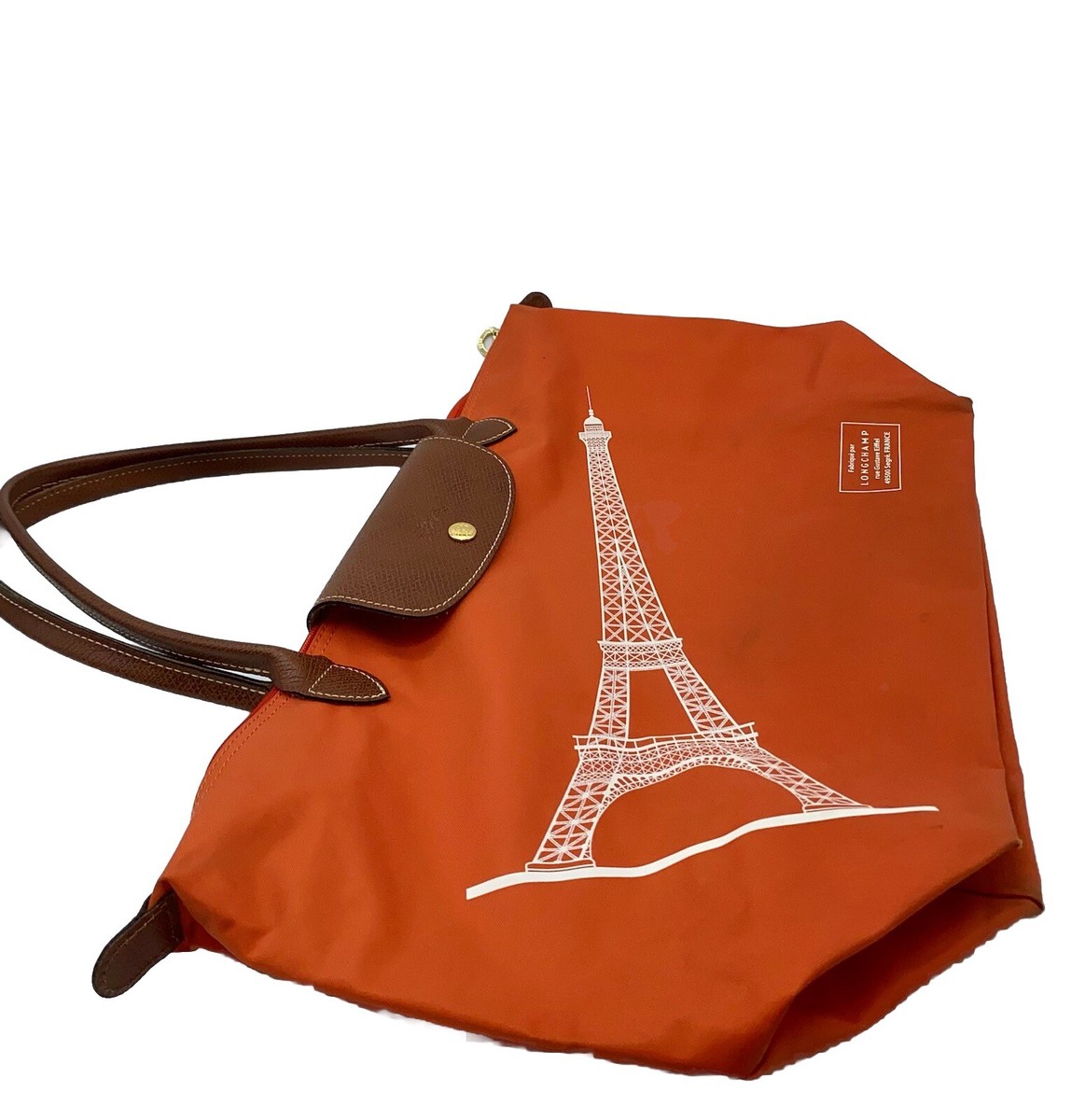 【関税&送料込】Longchamp Paris Le Pliage Longchamp Paris Effiel Tower Le pliage Tote Orange Handle
