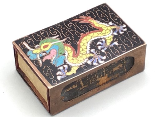 Qing Dragon Cloisonné Matchbox Holder Enamel Copper Chinese ca.1880 w/Matches - Picture 5 of 9
