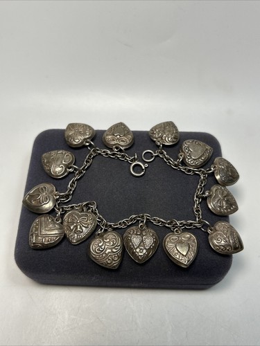 Amazing Antique Sterling Silver 14 Puffy Heart Repousse Charm Bracelet - 第 1/8 張圖片