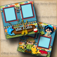 WHAT A CATCH fishing 2 premade scrapbook pages paper layout 12" DIGISCRAP A0567