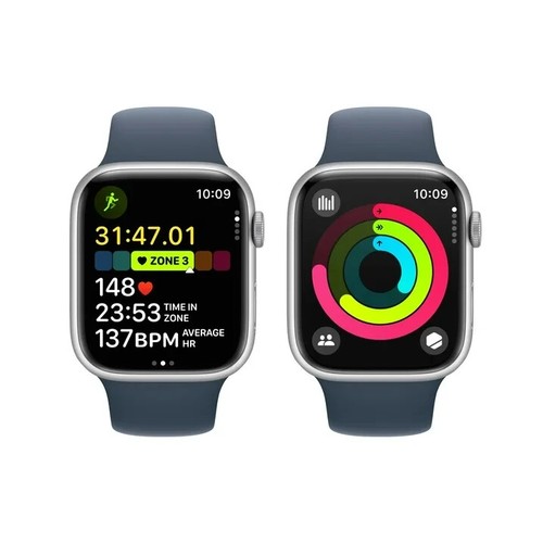 Apple Watch Series 9 45mm GPS Silver Alum Case w/ Storm Blue Sport Band - Picture 7 of 7