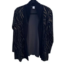 Notations Womens Black Gold Glitter Velvet Open Front Long Sleeve Jacket Blazer