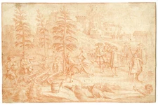 Antique Drawing-MUSICIANS-DANCE-VICTORY-ROOSTER-EAGLE-Anonymous-late 17th.c.