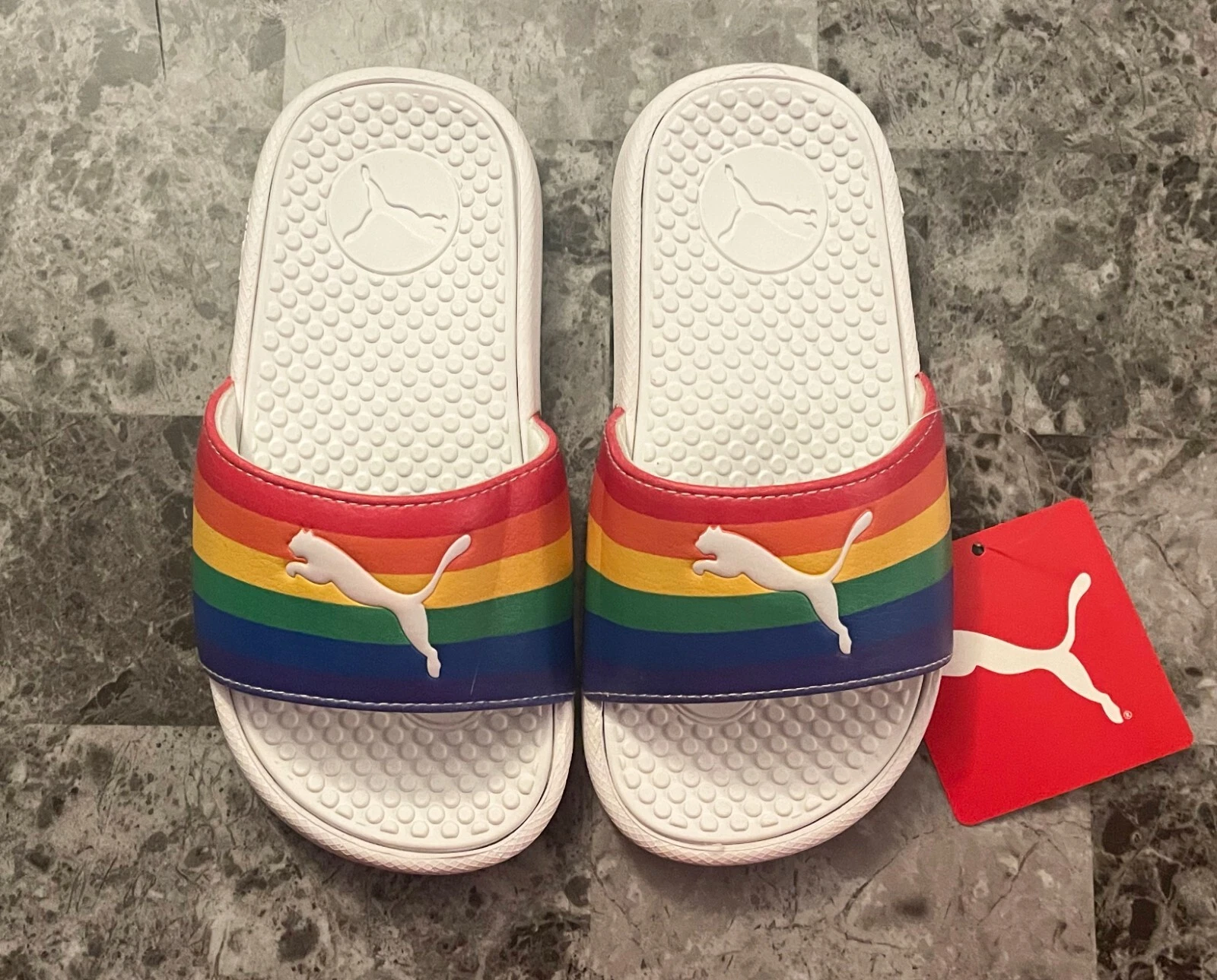 SANDALI PUMA COOL CAT 11C STRISCE ARCOBALENO PRIDE SLIP ON CINTURINO SINGOLO NUOVI CON ETICHETTE