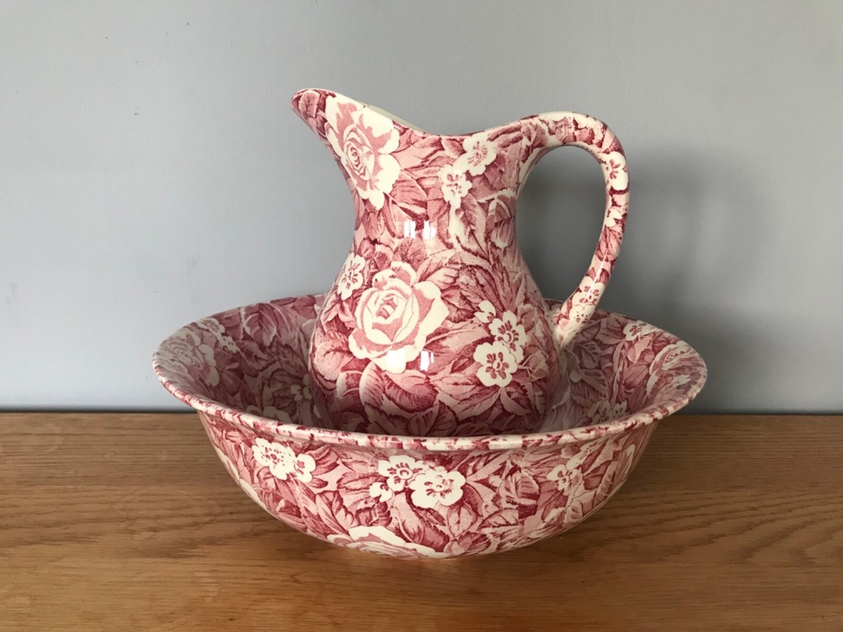 Rare Burleigh Victorian Chintz Pitcher & Basin Bowl Staffordshire