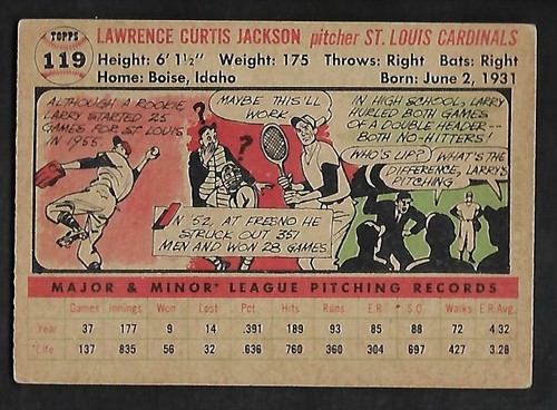 1956 Topps #119 Larry Jackson Cardinals TOUGH WB WHITE BACK GD/VG - Picture 2 of 2