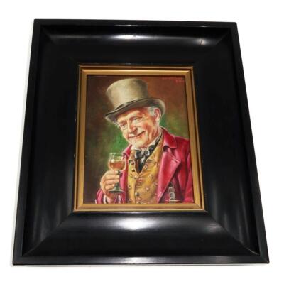 Otto Kirchner (1887-1960) Oil on Board Man Wearing Top Hat, Drinking Wine Framed