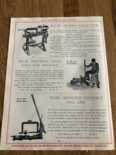 1917 w.h. willcox of london double sided print ! power hack saws & railway saw