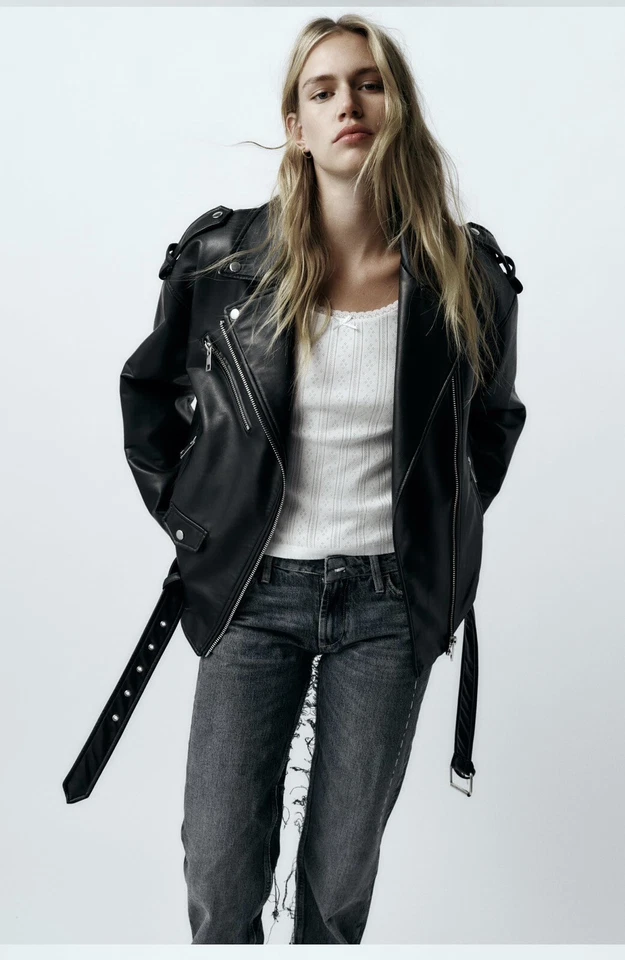 CHAQUETA ZARA IMITACIÓN CUERO OVERSIZE NEGRA TALLA L | 3427/811