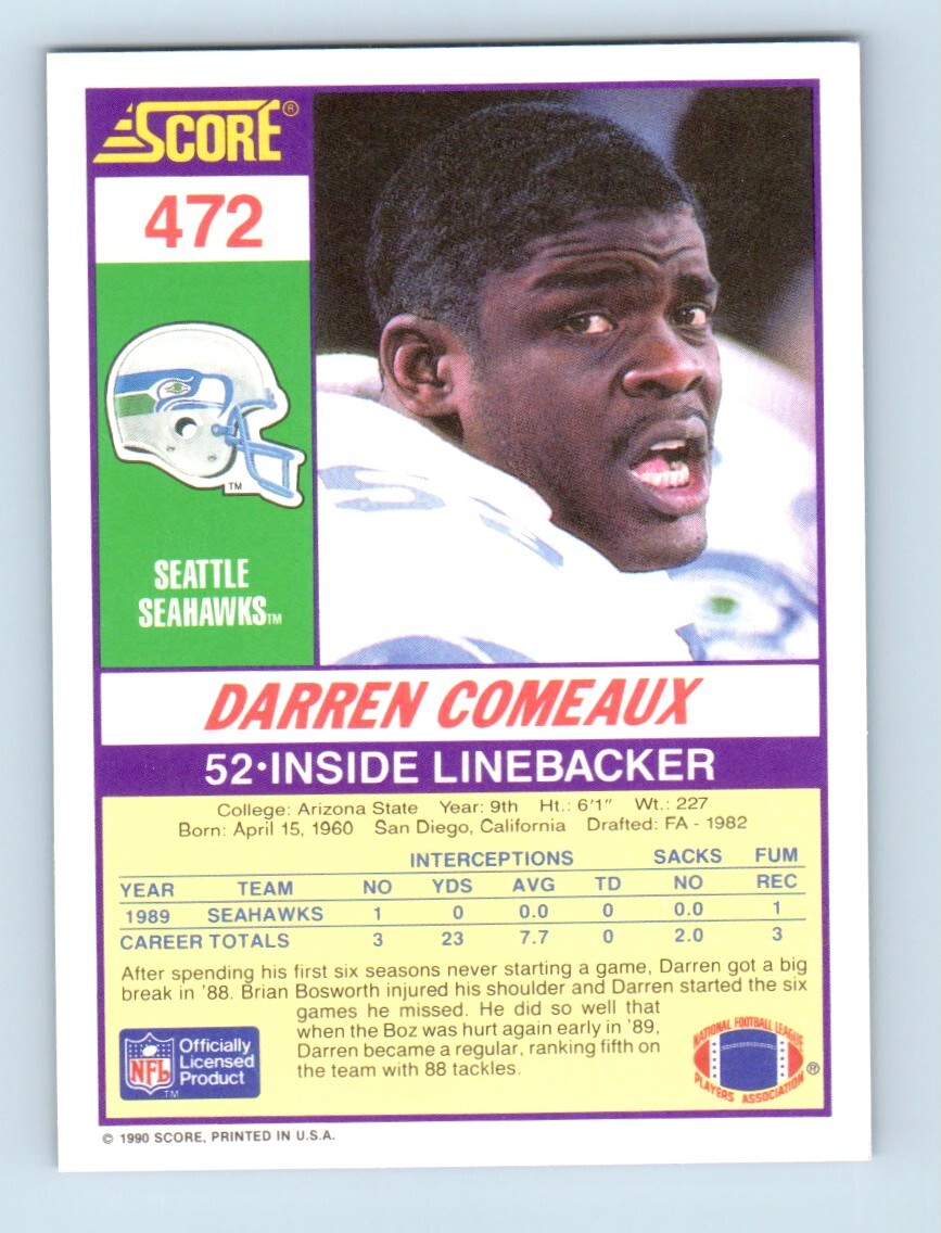 1990 Score Darren Comeaux Rookie Seattle Seahawks 472 eBay