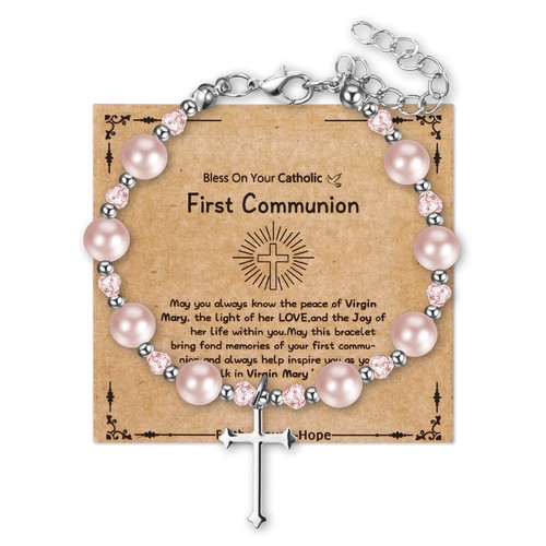 Virgin Mary Rosary Bead Cross Chain Simulated Pearl Beaded Bracelet for Women - Picture 38 of 56