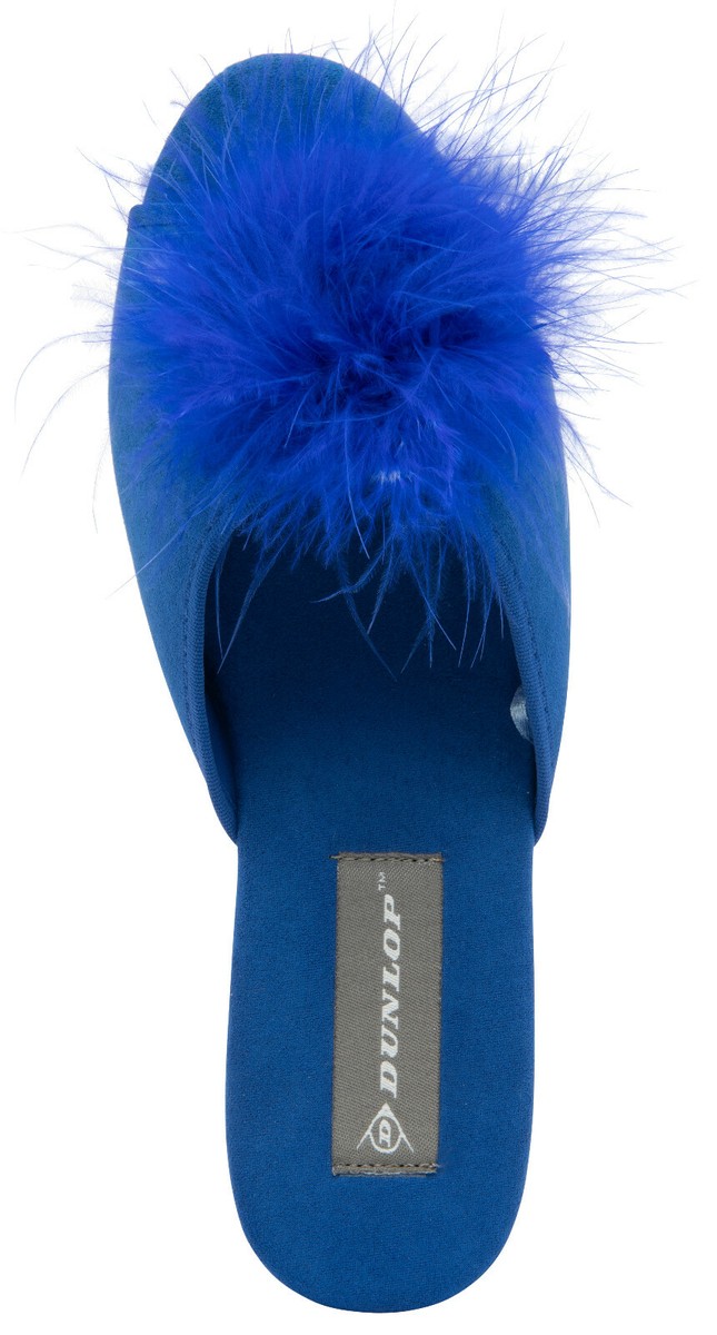Ladies Womens Wedge Slippers Dunlop Feather Pom Pom Faux