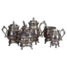 Five Piece Antique Clawfoot Silver Plated Tea Set C1890