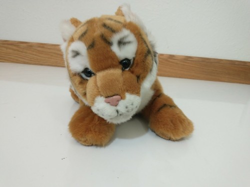 FAO Schwarz Tiger Cub Plush Stuffed Animal Laying Down Soft Logo Button On Rear