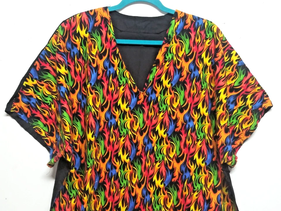 FLAMES FIRE PRINT Scrub Top short sleeve 2X/3X black orange blue vibrant pullove - Image 2 of 4
