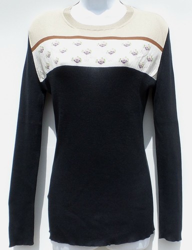 PRADA Black Navy Rib Knit Beige Ivory Pink Floral Long Sleeve Sweater Top 44 M - Picture 10 of 12