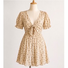 Faithfull The Brand Floral Mini Dress Womens S Beige Excellent Boho Tie Front