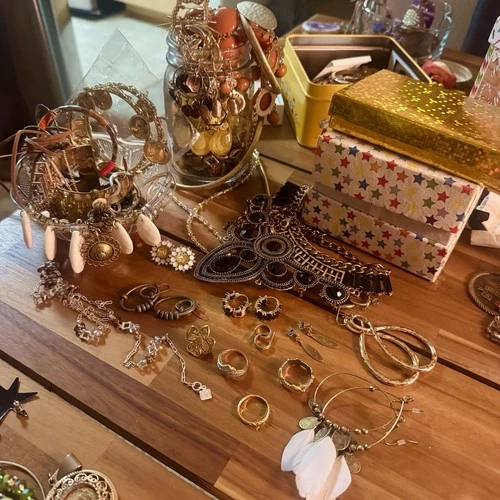 Large VINTAGE Jar & Costume Jewelry Lot Rings Earrings Necklaces Gold Tone Lot