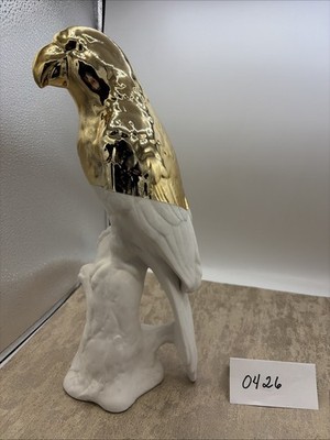 White Ceramic Parrot Statue With Guilded Top Accent 14  Tall
