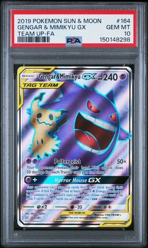 2019 POKEMON SUN & MOON TEAM UP #164 FULL ART/GENGAR & MIMIKYU GX PSA 10