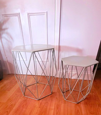 2pc Hexagonal Nesting Side Tables Pale Aqua Metal Wire Frames 50cm H