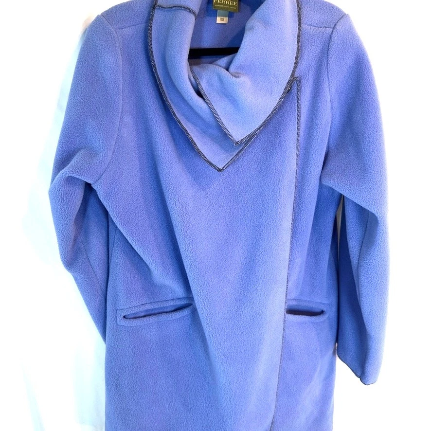 Y2K Maralyce Ferree Blue Fleece Jacket XS Cozy Asymmetrical Wrap USA - Image 2 of 4