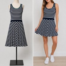 Boden Striped Dress Womens 4R Navy Blue White Fit Flare Sleeveless Scoop Neck
