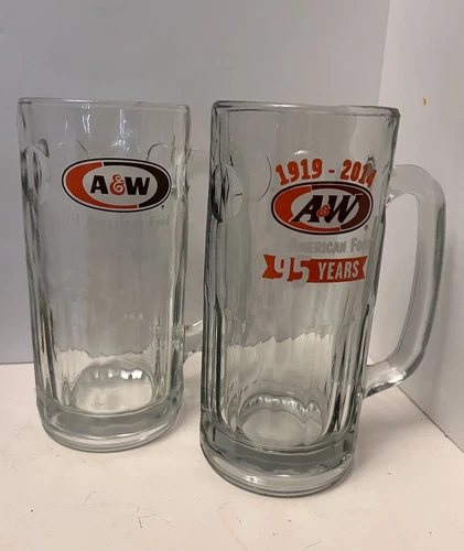 Two Vintage approx. 6" Heavy Glass A&W Root Beer MUGS All American Food &95 Yrs