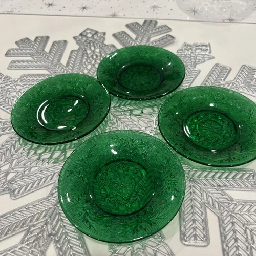 Four Vintage Anchor Hocking Forest Emerald Green 4.5” Sandwich plate/butter pat