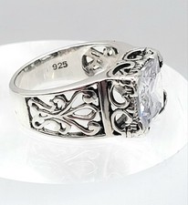 Vintage Look 925 Sterling Silver Princess Cut CZ Filigree Statement Ring Size 8