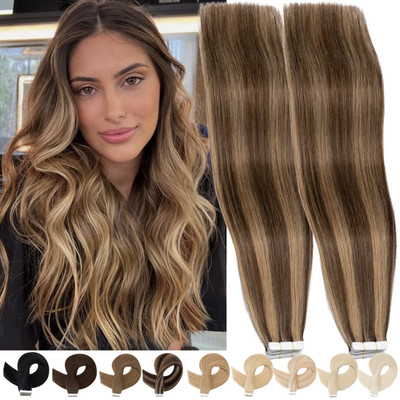 Balayage Tape In Remy Echthaar Extensions Haarverlängerung 20/40 Tressen Gewellt