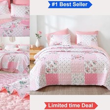 Floral Quilt Set Queen Size 3 Piece Pink Bedspread Ultra Soft Lightweight