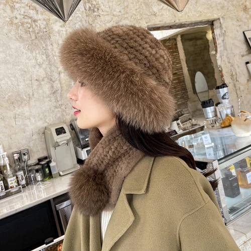 Cappello donna pelliccia visone + vera pelliccia visone vera sciarpa berretto lavorato a maglia berretto sci elasticizzato - Foto 5 di 22