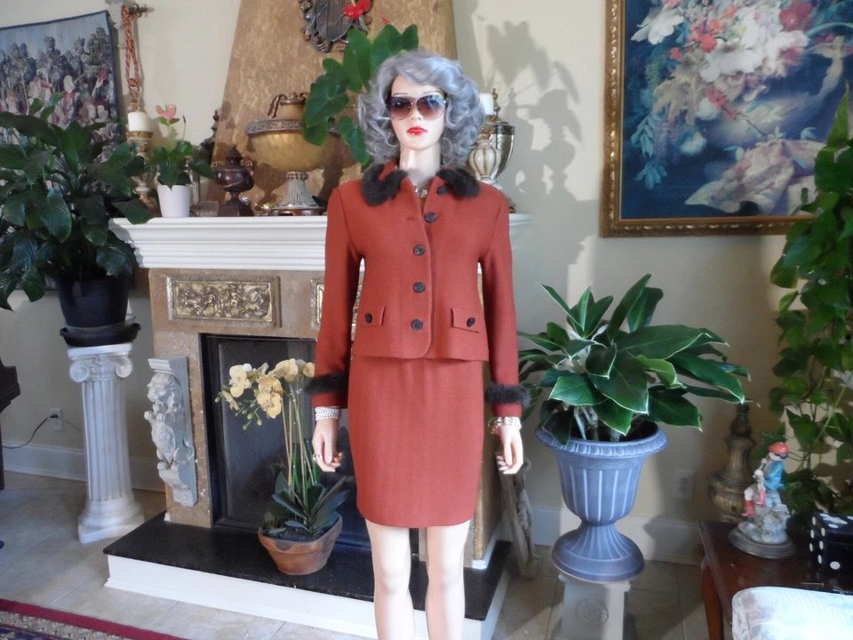 Traje Falda Tejida St. John Óxido/Marrón Patrón Espiga con Ribete de Piel Sintética Talla 2 Foto 3 de 4