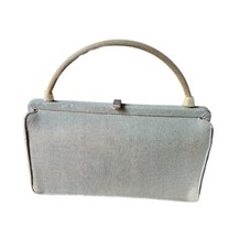 Vintage 40s 50s Taupe Gray Green Box Purse Stiff Gold Chain Handle Rockabilly