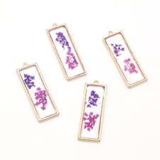 4PCS Gold Tone Real Pressed Flower Resin Rectangle Charm Pendant Supply GBY415-3