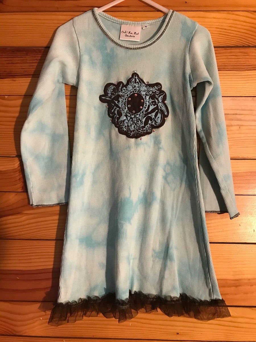 Ooh! La, La! Couture Blue Tie Dye Dress with Brown Tulle Trim Girls Size 4  | eBay