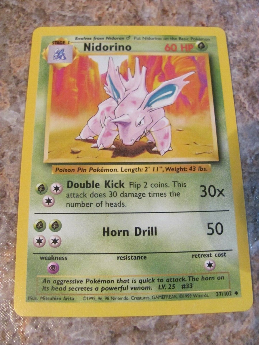 1995 nidorino pokemon card value STAGE 1 NIDORINO 37/102 BASE SET POKEMON CARD RARE - FREE SHIPPING