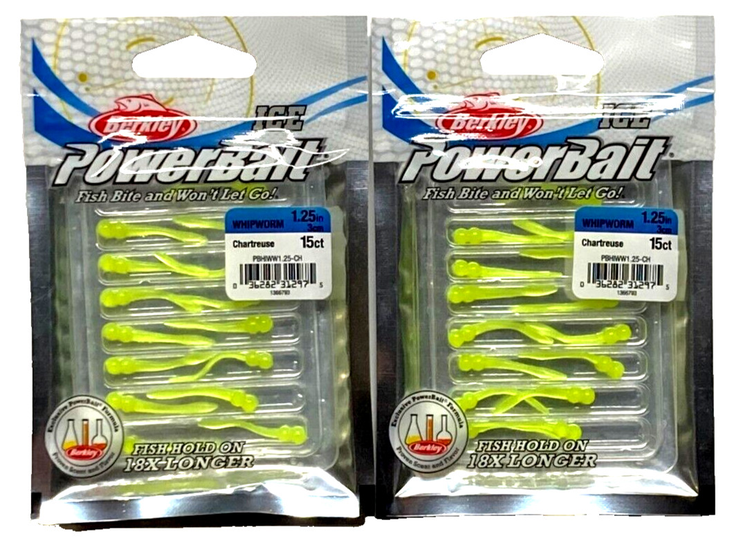 2 PACKS Berkley ICE PowerBait 1.25" Whipworm Chartreuse 15 C