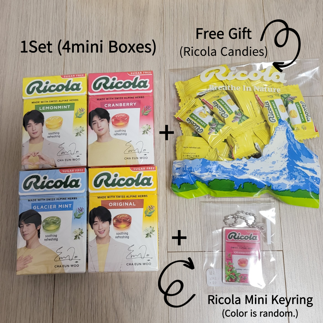 Cha Eunwoo Ricola (40g x 4boxes) + Ricola Keyring + Gift Candy Set