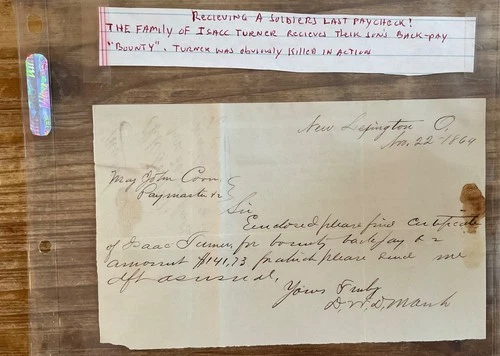 CIVIL WAR LETTER NOVEMBER 22, 1864 WIDOW REQUESTING BACK PAY HUSBAND KILLED