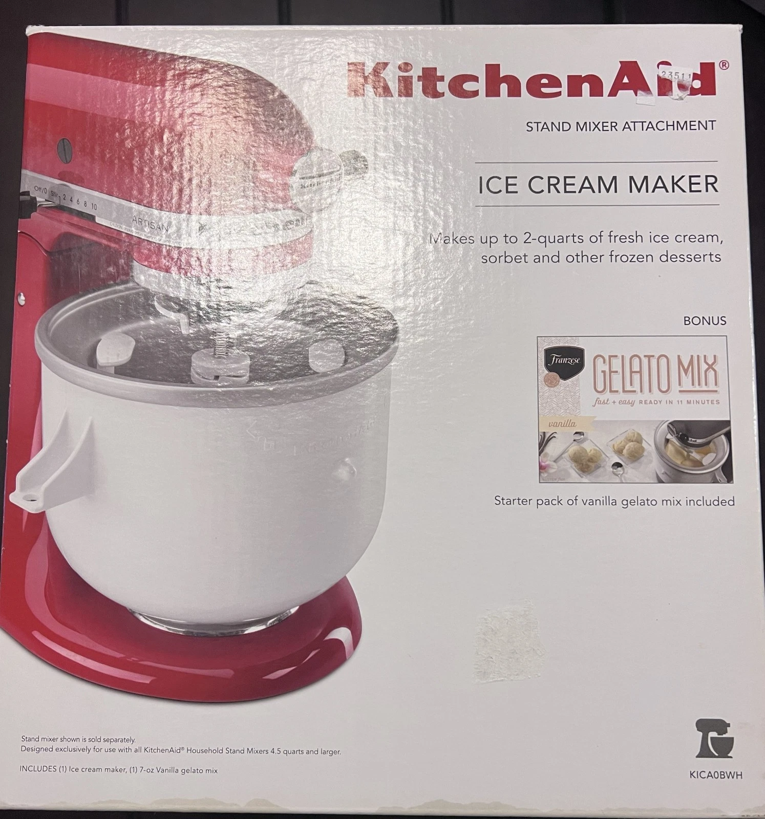 KitchenAid Ice Cream Maker Attachment KICA0WH Stand Mixer NEW Factory Sealed 2 Q