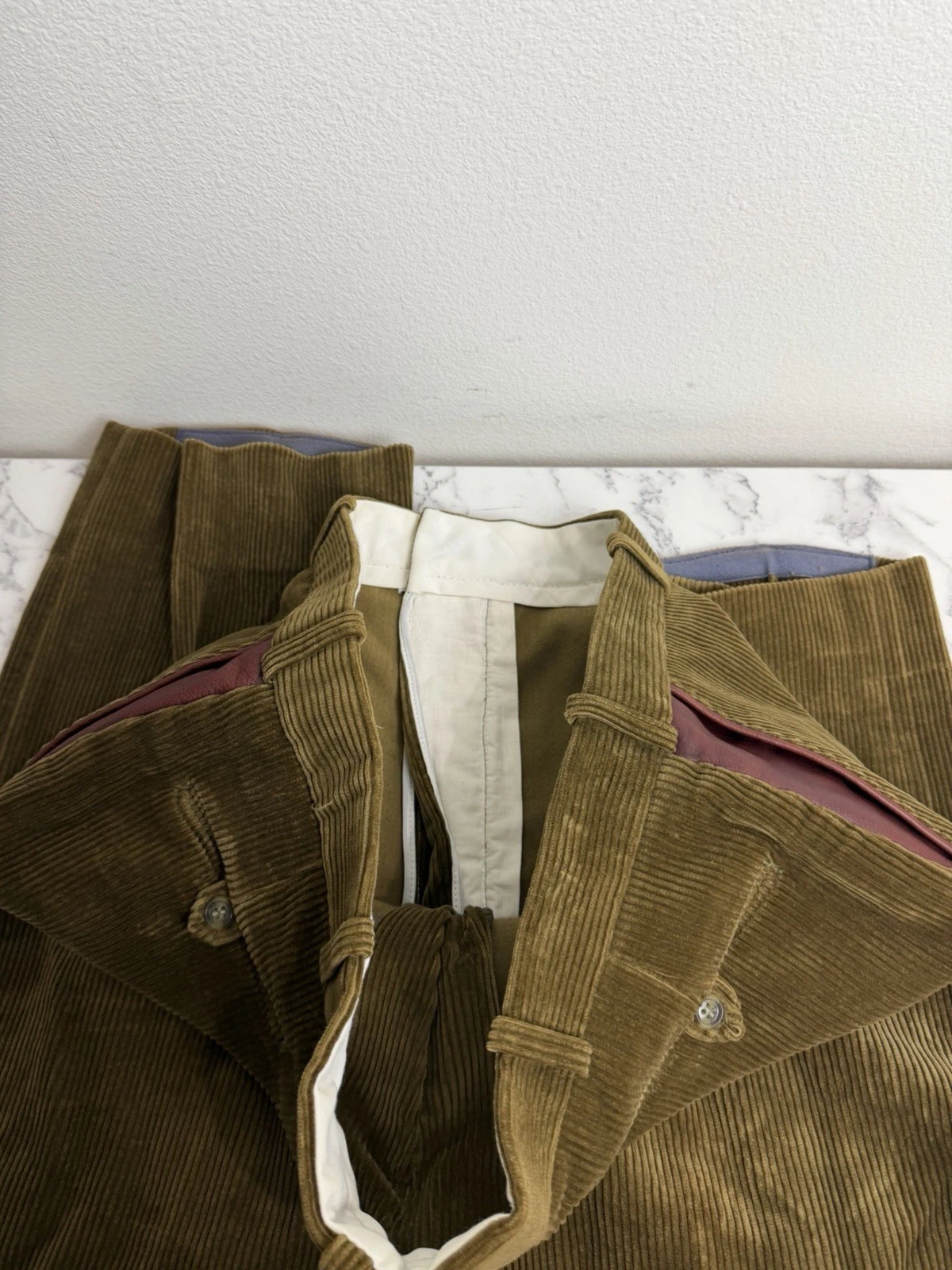 Vintage Orvis Mens Green Cotton Corduroy Flat Front  Leather Trim Pants 38 X 31 image 7