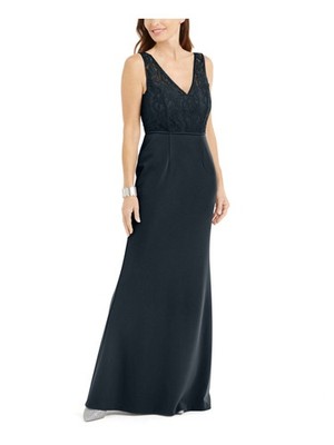 ADRIANNA PAPELL Womens Navy Illusion Gown Sleeveless Gown Dress 2