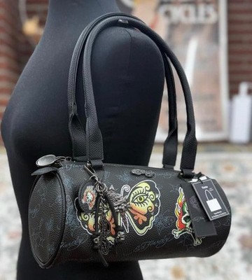 Ed Hardy Handbag Tote With Charms, Double Handle, Butterfly, Skull